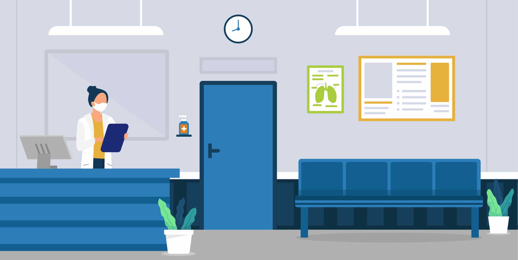 illustration of nurse at patient access desk in doctors office waiting room